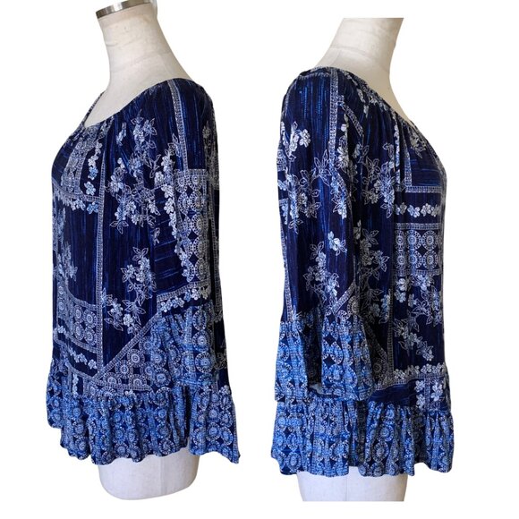 Style & Co Boho-Chic Blue Floral Bell Sleeve Blouse Size PM - Picture 2 of 7